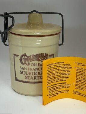 Vintage Gold Rush San Fran Sourdough Starter Ceramic Crock W/Lid & Instructions